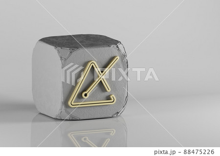 Music Triangle icon. Beautiful Golden music symbol icons on a beton cube and white ceramic background. 3d rendering illustration. Background pattern for design. 88475226
