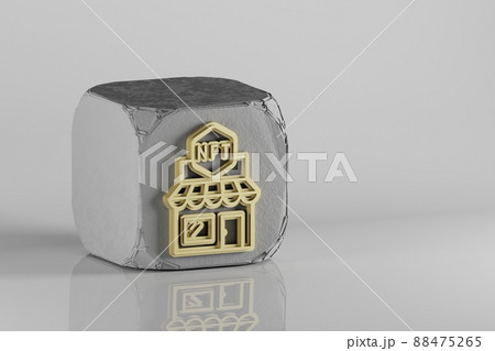 NFT store icon. Beautiful Golden NFT symbol icons on a beton cube and ceramic background. 3d rendering illustration. Background pattern for design. NFT store icon. Beautiful Golden NFT symbol icons on a beton cube and ceramic background. 3d rendering illustration. Background pattern for design. 88475265