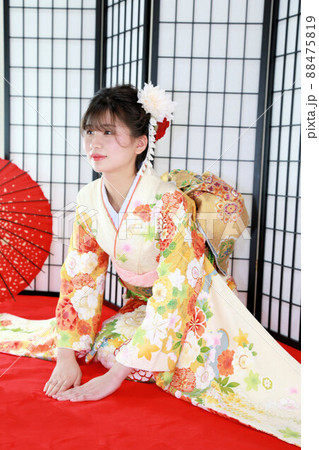 赤毛氈に座り姿、成人振袖晴れ着姿の日本人女性、成人式・成人前撮り 88475819