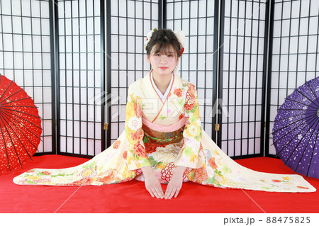 赤毛氈に座り姿、成人振袖晴れ着姿の日本人女性、成人式・成人前撮り 赤毛氈に座り姿、成人振袖晴れ着姿の日本人女性、成人式・成人前撮り 88475825