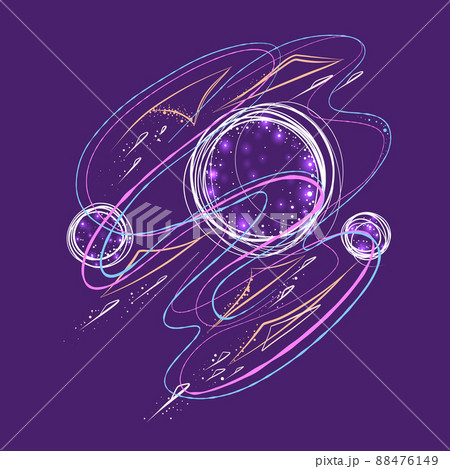 Vector illustration of the metaverse. Abstract image with planets, stars and curved lines on a purple background. Futuristic backdrop 88476149