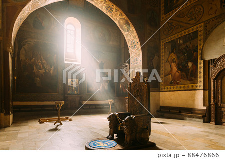 Mtskheta, Georgia. Sun ray shining in church. Fresco, Frescoes. Icons, of Shio-Mgvime Monastery. interior of Upper Church Of Holy Virgin Or Theotokos, Central Part Of Medieval Monastic ShioMgvime 88476866