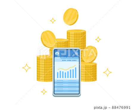 スマートフォンとお金のイラスト. オンラインでの口座管理や資産運用. アプリでグラフや明細を表示. 88476991