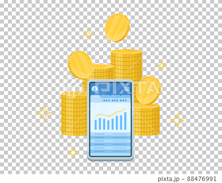 スマートフォンとお金のイラスト. オンラインでの口座管理や資産運用. アプリでグラフや明細を表示. 88476991