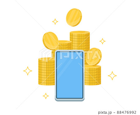 スマートフォンのモックアップとお金のイラスト. オンラインでの資産管理, 収益獲得, 決済など. 88476992