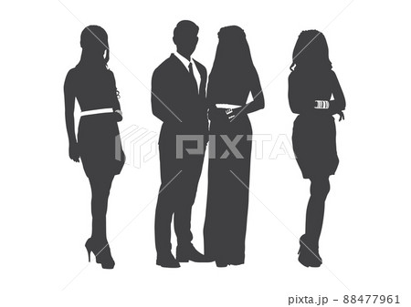 Gray silhouettes of pretty women and man group pose on white colour background, flat line vector and illustration. 88477961