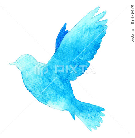 飛ぶ鳥の青色シルエット 単品 羽ばたく鳥の手描き水彩イラスト素材のイラスト素材