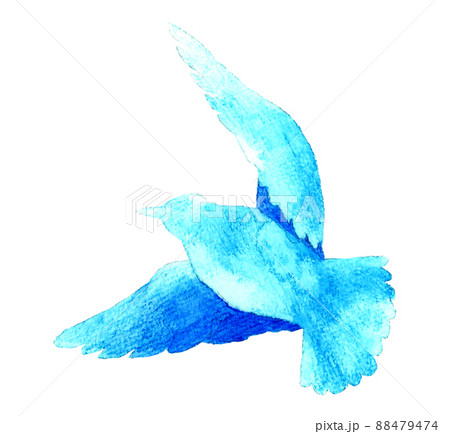 飛ぶ鳥の青色シルエット 単品 羽ばたく鳥の手描き水彩イラスト素材のイラスト素材