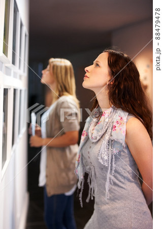 Taking in a century of art. Shot of a young woman looking at paintings in a gallery. 88479478