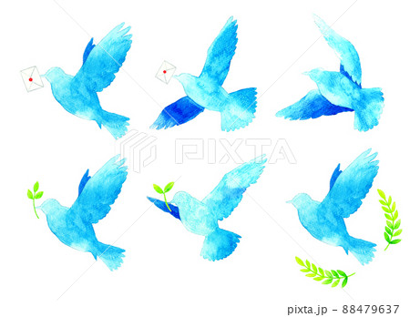 青色の飛ぶ鳥と葉っぱのシルエット 羽ばたく鳥の手描き水彩イラスト素材のイラスト素材