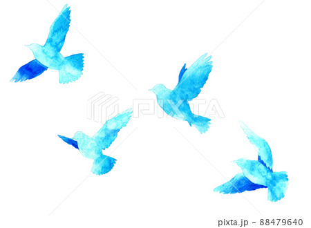 飛ぶ鳥の青色シルエット 羽ばたく鳥の手描き水彩イラスト素材のイラスト素材