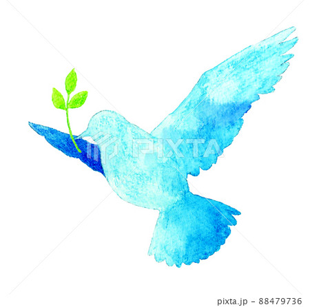 葉っぱをくわえて飛ぶ鳥の青色シルエット（単品） 羽ばたく鳥の手描き