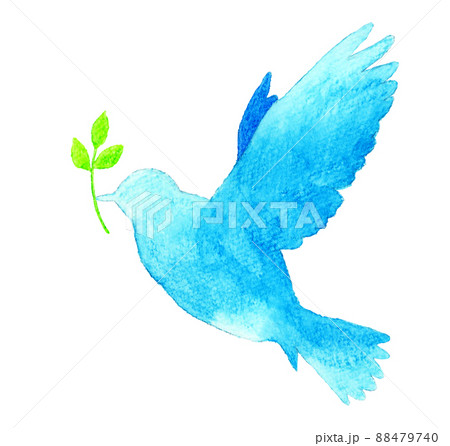 葉っぱをくわえて飛ぶ鳥の青色シルエット 単品 羽ばたく鳥の手描き水彩イラスト素材のイラスト素材