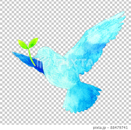 葉っぱをくわえて飛ぶ鳥の青色シルエット（単品） 羽ばたく鳥の手描き
