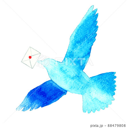 手紙をくわえて飛ぶ鳥の青色シルエット 単品 羽ばたく鳥の手描き水彩イラスト素材のイラスト素材