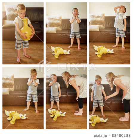 It was an accident.... Composite shot of a mother scolding her little son for breaking a vase at home. 88480288