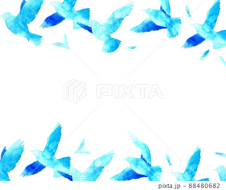 飛ぶ鳥の青色シルエットのバックグラウンド 羽ばたく鳥の手描き水彩イラスト背景素材のイラスト素材 4806