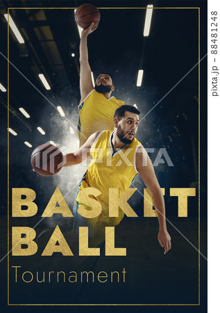 Poster with young sportsman, basketball player playing basketball isolated on dark background in flashlights with lettering. Concept of sport, game, competition. 88481248