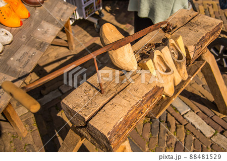 Lisse, Netherlands, April 2022. How clogs are made at the Keukenhof. Lisse, Netherlands, April 2022. How clogs are made at the Keukenhof. 88481529