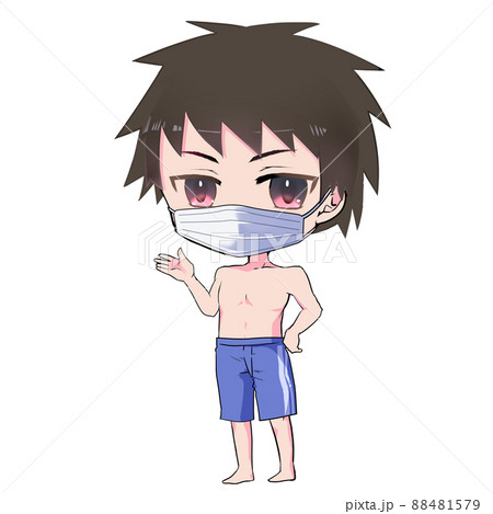 イラスト素材 アニメキャラ風 マスクをして案内する水着の男の子のイラスト素材 イラスト素材 アニメキャラ風 マスクをして案内する水着の男の子のイラスト素材