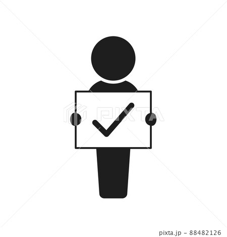 黒いチェックマーク・レ点が書かれた白い紙・パネルを持って立っている人のアイコン・ピクトグラム 88482126