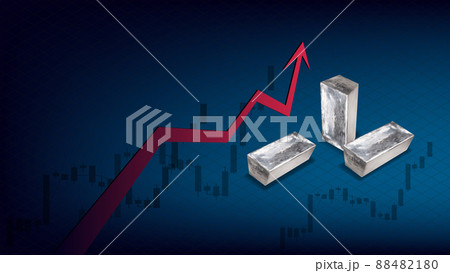 Metal price growth concept with isometric metal chunks and red up arrow on blue background. Candlestick charts up in background. 88482180