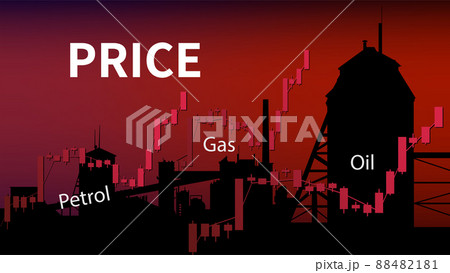 Graphs of rising price of gas, oil and gasoline in upward trend on red background with oil shale processing plant silhouette. World crisis and collapse. Banner for news. 88482181