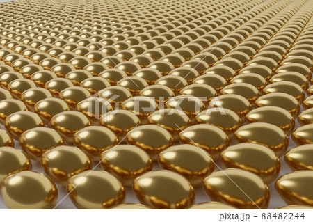 Many shining identical golden eggs lie on the plane. 3d rendering. 88482244