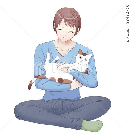 ペットの三毛猫を抱っこする笑顔の男性のイラスト素材 4750