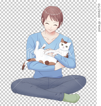 ペットの三毛猫を抱っこする笑顔の男性のイラスト素材 4750