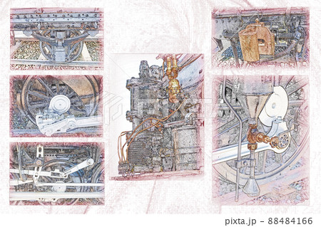 蒸気機関車の各機構部分をコラージュ 88484166
