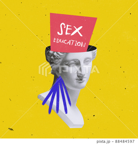 Contemporary art collage. Antique statue bust claiming on importance of sex education isolated over yellow background Contemporary art collage. Antique statue bust claiming on importance of sex education isolated over yellow background 88484597