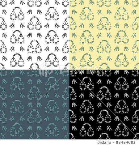 set of seamless patterns with metal handcuffs to neutralize criminals. Outfit and equipment of police. Ornament for decoration and printing on fabric. Design element. Vector 88484683