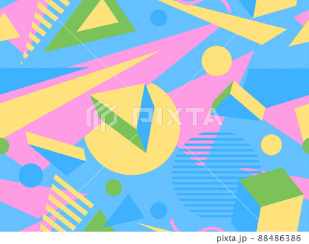 Geometric seamless pattern in 80s memphis style. Isometric geometric 3D shapes. Trendy retro background for printing on paper, promotional materials and fabric. Vector illustration 88486386