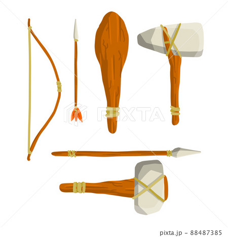 Items of stone-age man. Caveman weapon Items of stone-age man. Caveman weapon 88487385