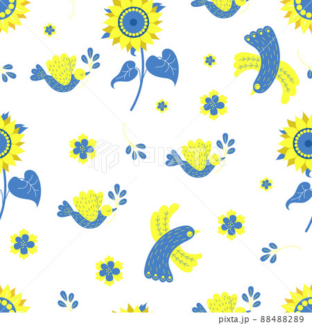 Ukrainian decorative seamless pattern. Yellow-blue birds and sunflower on white background with flowers and dove of peace with branch in its beak. Vector illustration in colors of Ukrainian flag 88488289