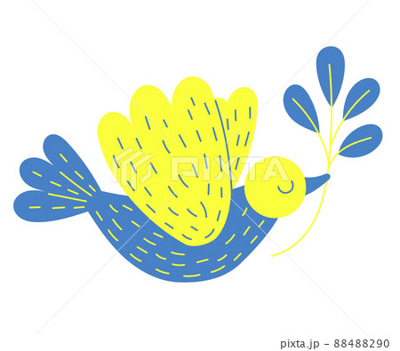 Decorative yellow-blue bird. dove of peace with branch in its beak. Vector illustration. Colors of Ukrainian flag. Flying bird character for ukrainian decor, design, decoration and print. 88488290