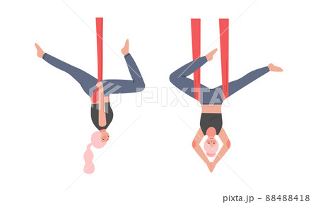 Woman doing aerial yoga exercise set. Girls hanging upside down in hammocks vector illustration 88488418