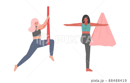 Woman doing aerial yoga exercise set. Girls practicing gymnastic in hammocks vector illustration 88488419