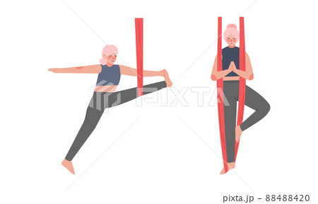 Woman doing aerial yoga exercise set. Girls practicing stretching gymnastic in hammocks vector illustration 88488420