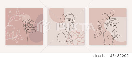 Vector beauty backgrounds, social media stories, posts feed layouts. Set of illustrations with one line continuous woman face and leaves, flowers. Contemporary collage with spots, square shape 88489009