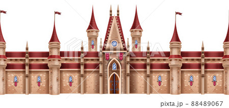 Medieval castle seamless border, magic fantasy fortress, vector stone palace game illustration.  Medieval castle seamless border, magic fantasy fortress, vector stone palace game illustration.  88489067