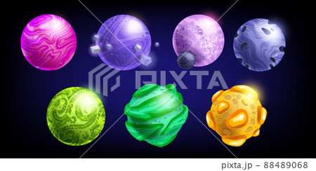 Alien planet game icon set, vector space cartoon fantasy worlds kit, stone magic cosmos asteroid.  Alien planet game icon set, vector space cartoon fantasy worlds kit, stone magic cosmos asteroid.  88489068
