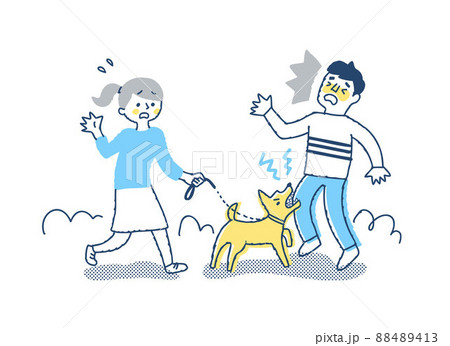 散歩中に他人を噛む犬と焦っている飼い主のイラスト素材 4413