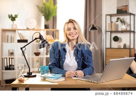 Pretty Caucasian woman sitting at desk with laptop indoors and smiling 88489874