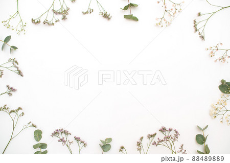 A pattern of delicate flowers and plants on a white background. The concept of Mother's Day and Valentine's Day holidays. Space for text. Copy space 88489889