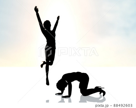 飛び上がって喜ぶ女性と地面に両手をついて悔しがる女性横 88492603