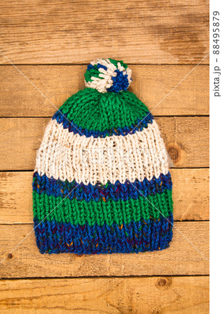 Handmade wool knitted winter blue white and green hat Handmade wool knitted winter blue white and green hat 88495879