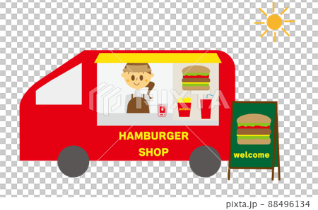 一位女士的插圖，她開了一家獨立的漢堡店，配有一輛廚房車，用於移動銷售 88496134