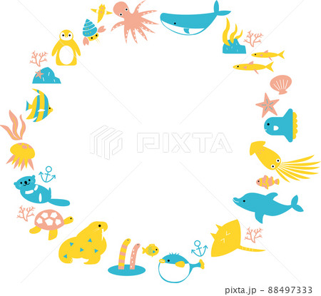 海の生き物のイラストの円形フレーム 88497333